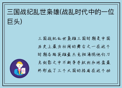 三国战纪乱世枭雄(战乱时代中的一位巨头)